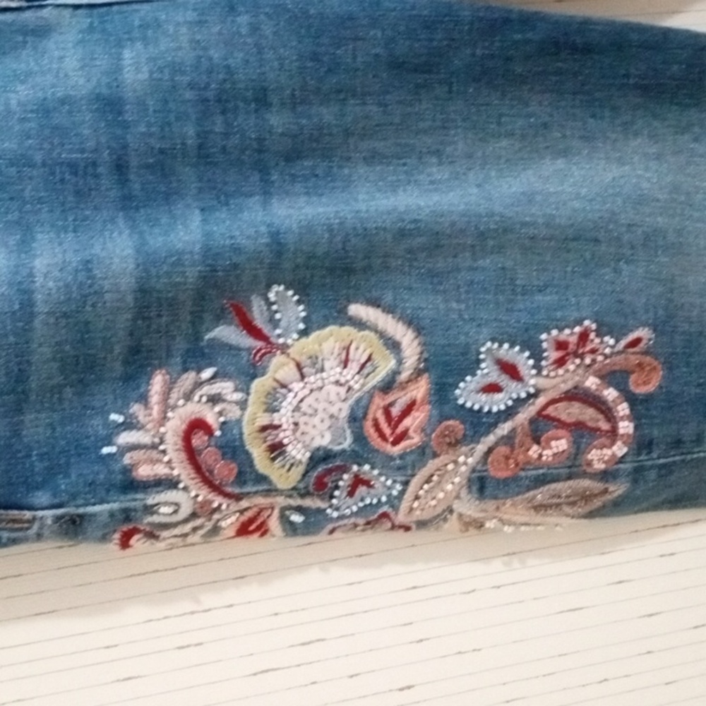 Soft Surroundings Blue Jeans with Floral Embroidery, Festival, Artistic, - Picture 3 of 7